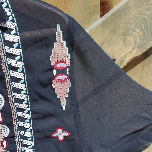 ASOS Design Mens Black Sheer Casual Button Down Shirt Geometric Patterns Sequins - Picture 3 of 6